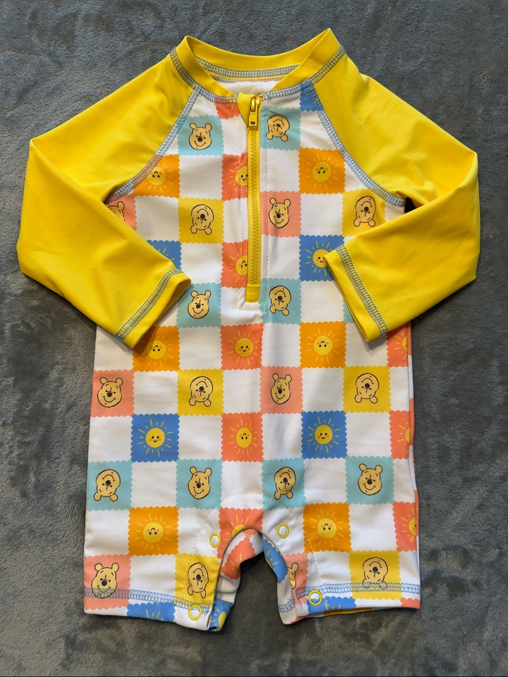 EUC Disney Yellow & Blue Winnie the Pooh One-Piece Swim Rash Guard Sz 12 mos